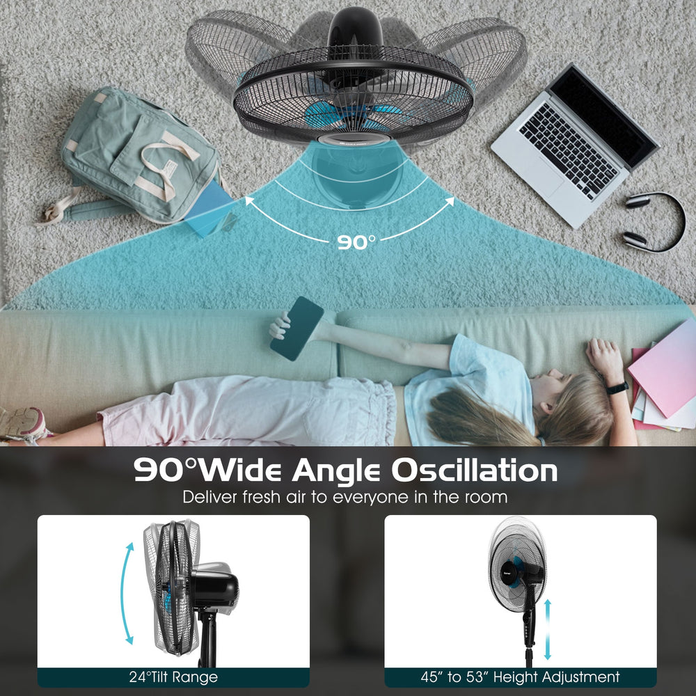 16-inch adjustable height fan with quiet oscillation, 3-speed settings, and 45" to 53" height for home or office use.
