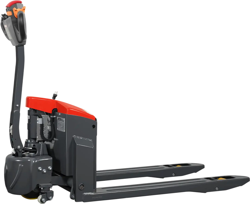 side profile of black electric pallet jack with red accents