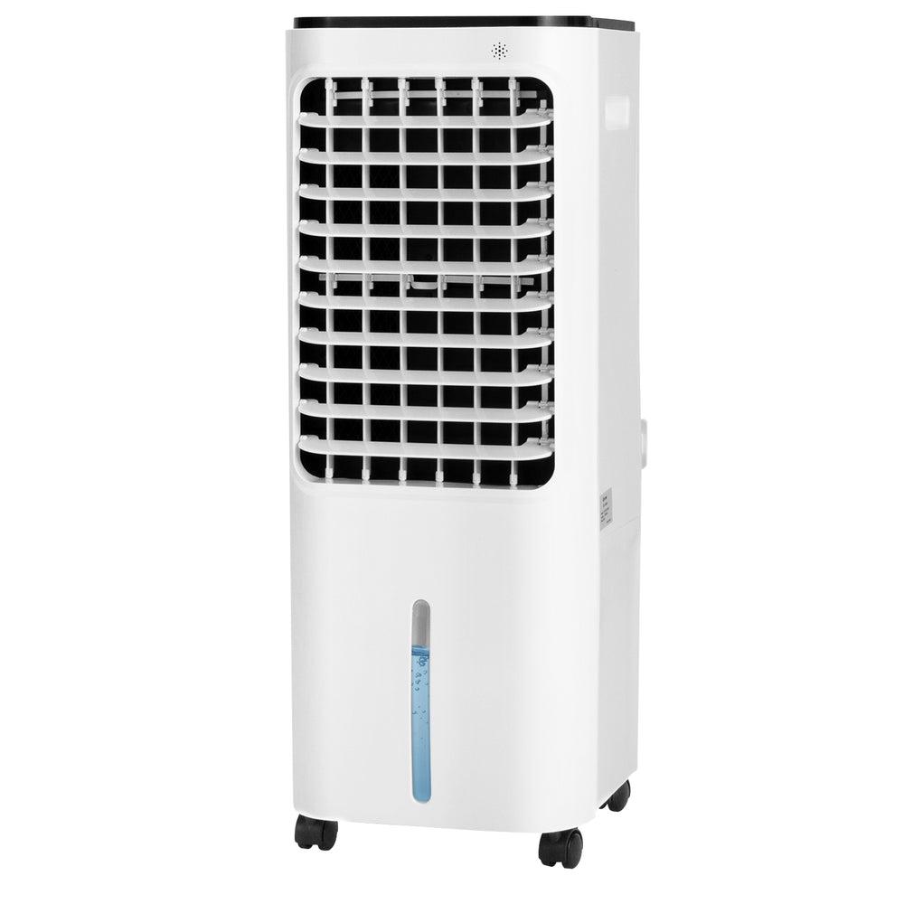 4-in-1 evaporative air cooler in white with 12L water tank, remote control, and oscillating function for efficient.