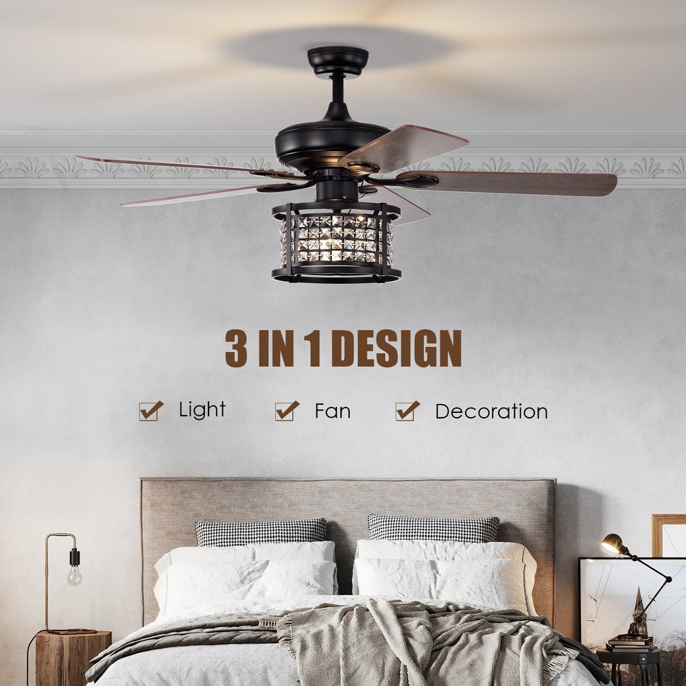 52-inch black crystal ceiling fan light with remote, featuring 3 speeds and reversible blades for year-round comfort.