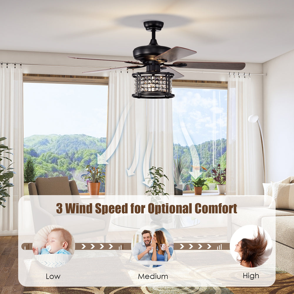 52-inch black crystal ceiling fan with remote, featuring 3 speeds and reversible blades for year-round comfort.