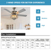 52-inch silver ceiling fan with wooden blades and remote control, featuring 3 wind speeds for versatile airflow in any.