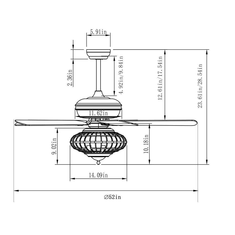 52-inch ceiling fan with wooden blades, remote control, and elegant design, suitable for various living spaces.