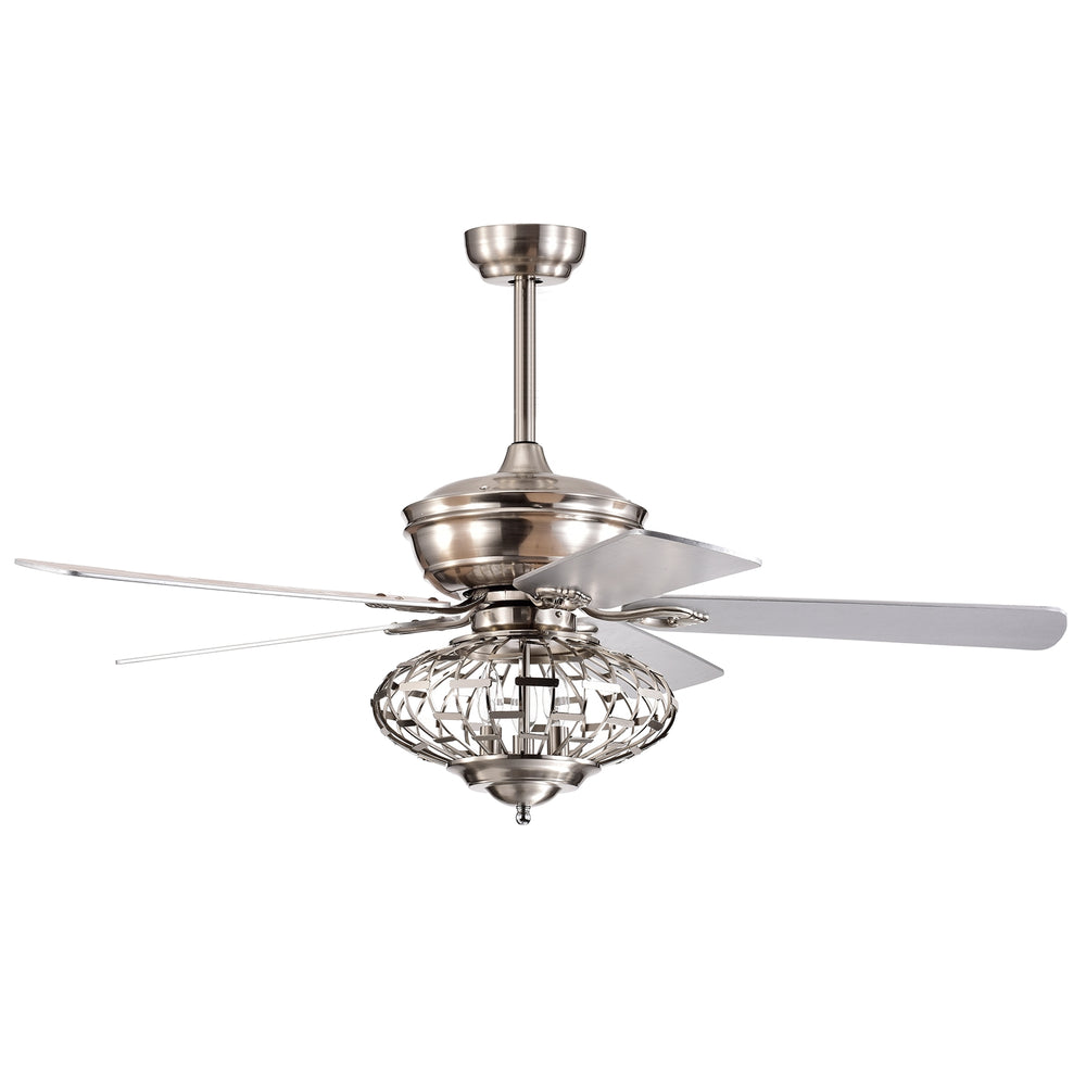 52-inch silver ceiling fan with wooden blades and remote control, ideal for living rooms and bedrooms, featuring.