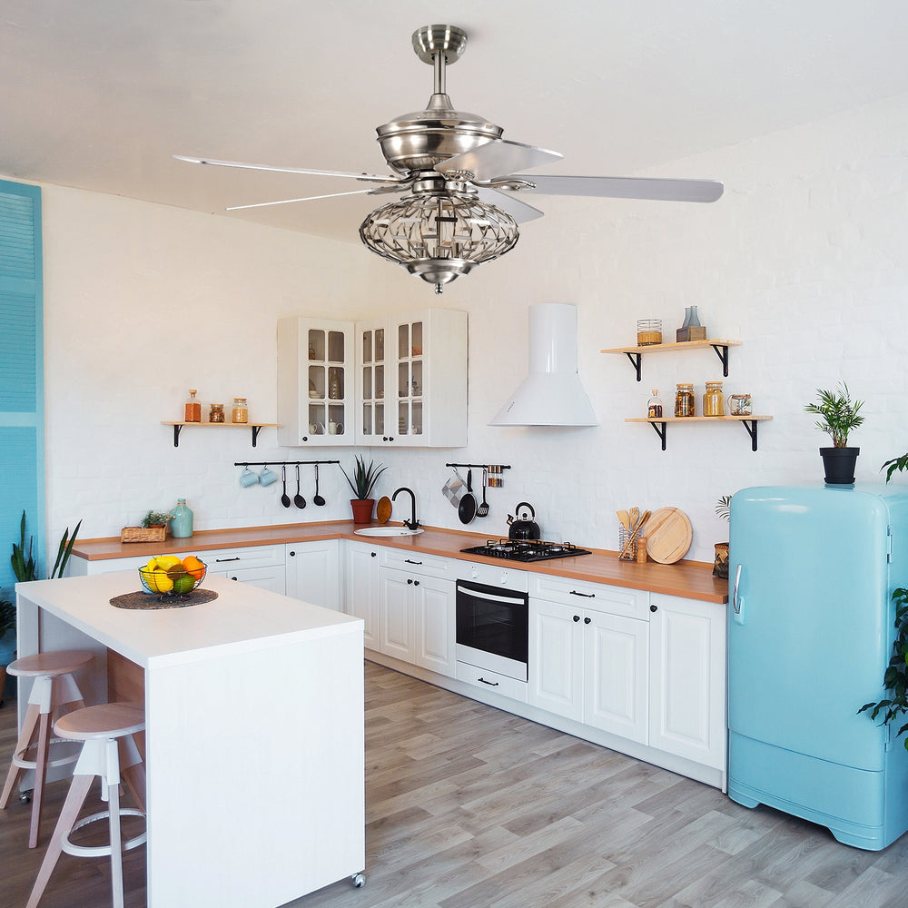 52-inch silver ceiling fan with wooden blades and remote control, ideal for stylish living spaces like kitchens and.