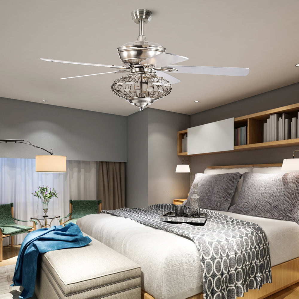 52-inch silver ceiling fan with wooden blades and remote control, ideal for bedrooms and living rooms, featuring.