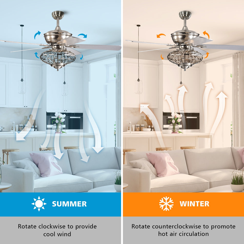 52-inch silver ceiling fan with wooden blades, remote control, showing summer and winter airflow directions for.