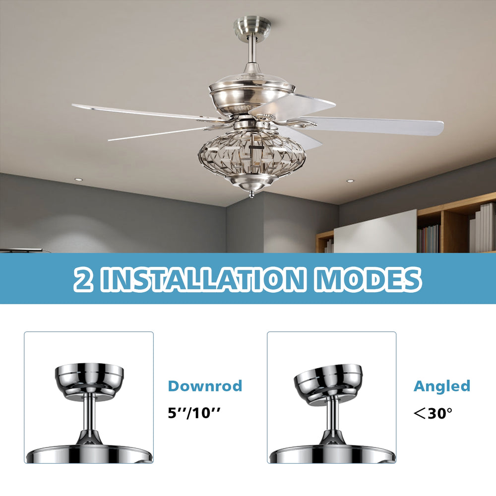 52-inch silver ceiling fan with wooden blades, remote control, and two installation modes for versatile use in any room.