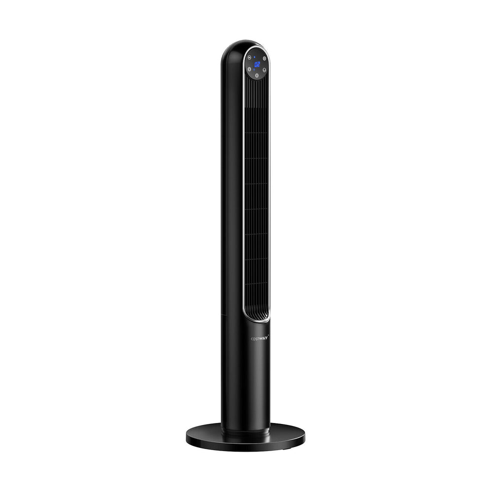 42-inch black tower fan with a sleek design, featuring a rotatable base for enhanced airflow coverage in any setting.