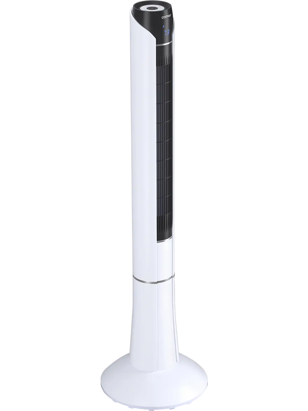 Portable 48-inch white tower fan with remote control, featuring 80° oscillation and three speed settings for.