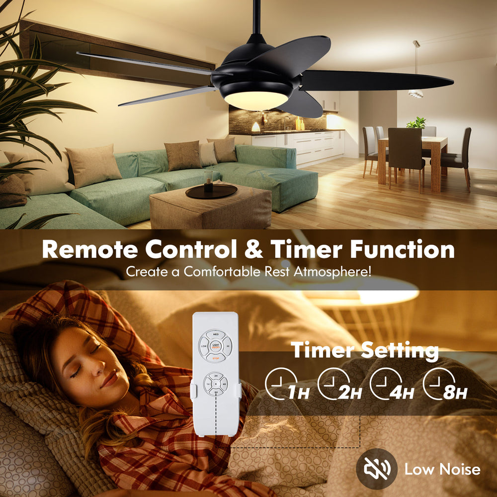 52-inch black ceiling fan with lights, remote control, and 3 lighting colors for a comfortable living room atmosphere.