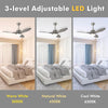 48-inch wood ceiling fan with 18W LED lights showing three color temperatures for versatile lighting options.