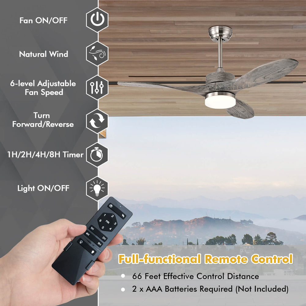 48-inch wood ceiling fan with LED lights, 6 speed levels, and remote control, ideal for living rooms and bedrooms.