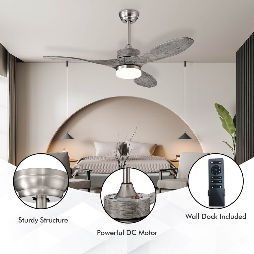 48-inch wood ceiling fan with LED lights, 3 durable blades, and remote control for versatile room use.