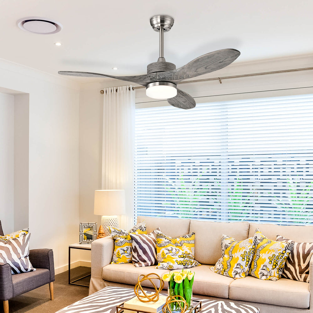 48-inch wood ceiling fan with LED lights, 3 wood blades, and remote control, perfect for living room or bedroom.