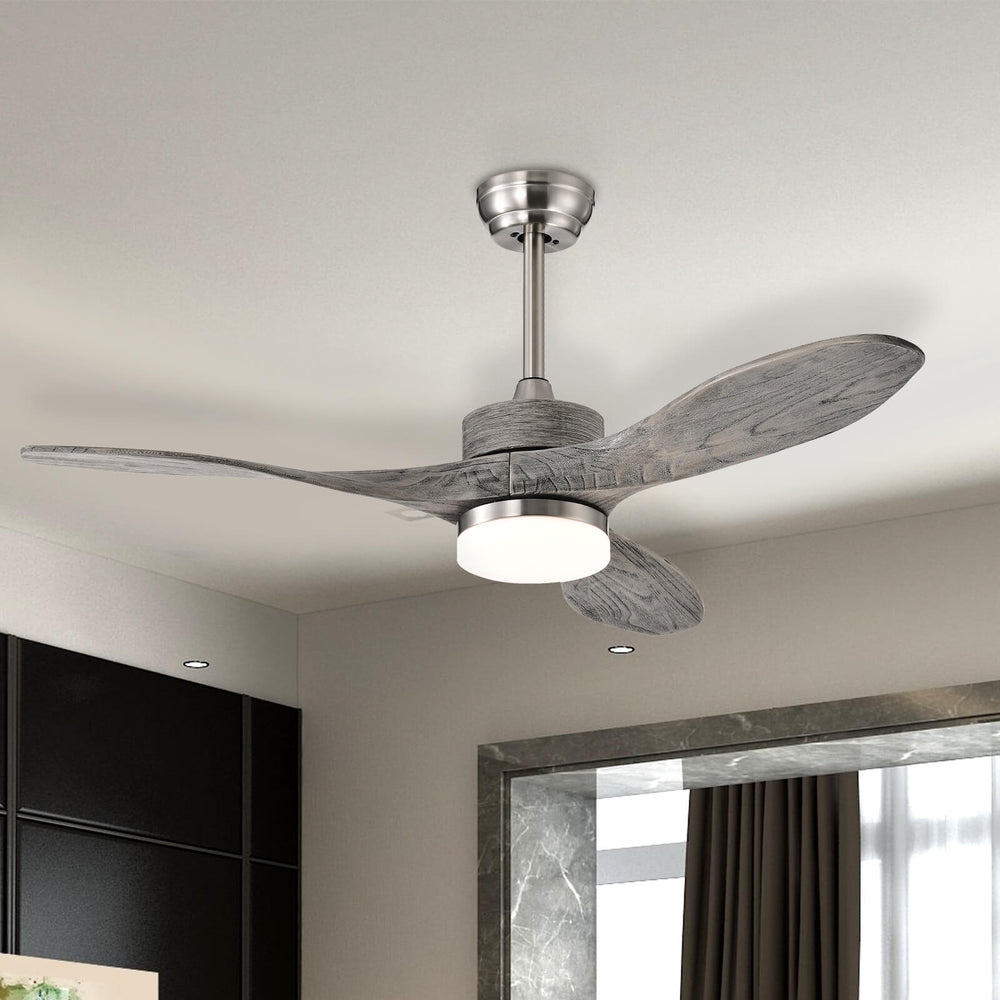 48-inch wood ceiling fan with LED lights, 3 paulownia wood blades, and remote control for living room or bedroom use.