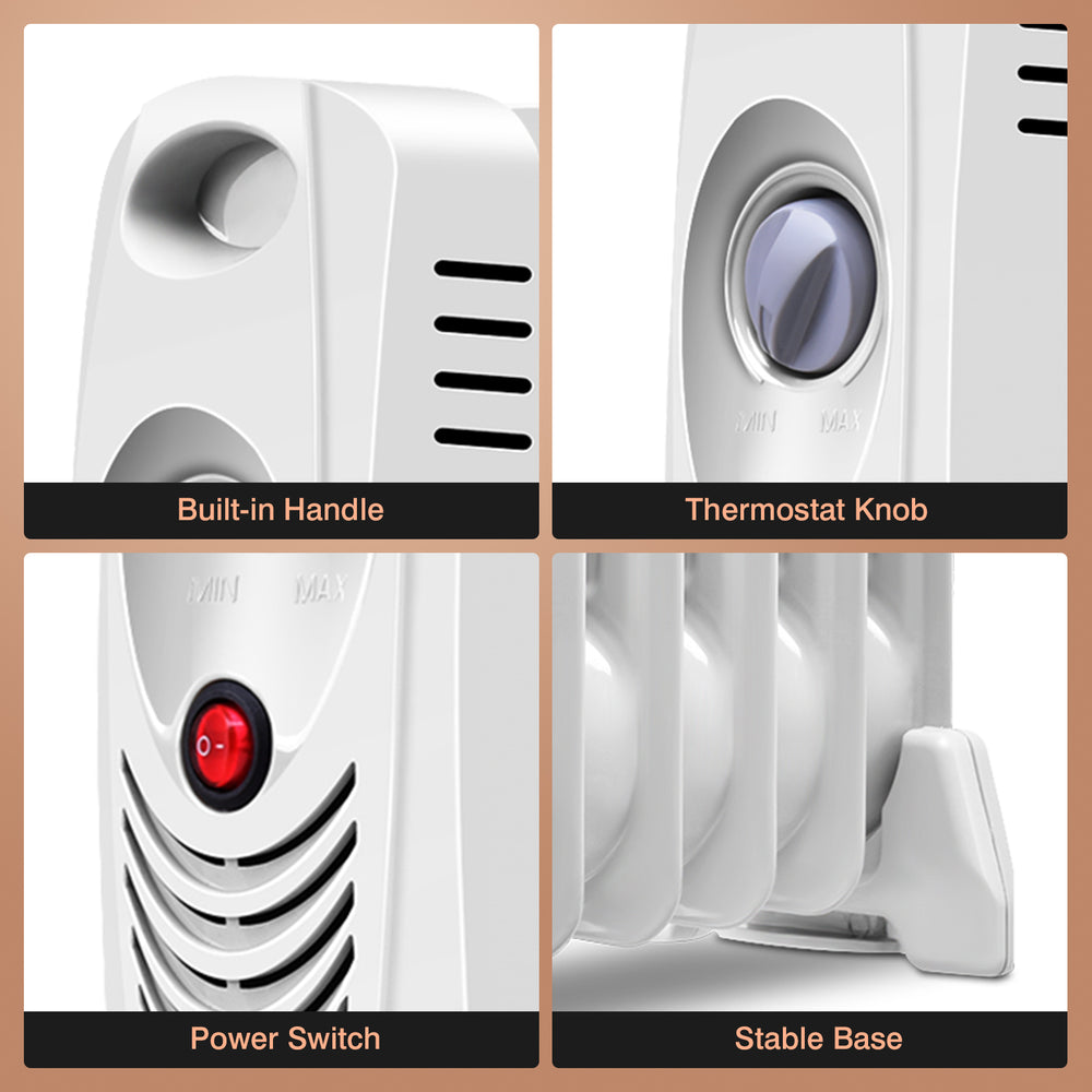 Close-up of the 700 W Portable Mini Electric Oil-Filled Radiator Heater showing the thermostat knob and power switch.