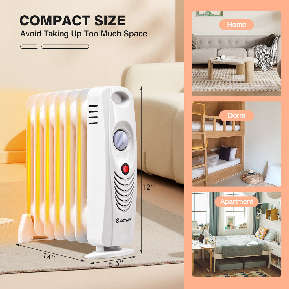 Compact 700 W portable mini electric oil-filled radiator heater with mechanical control, ideal for home, dorm, or.