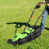 Electric push lawn mower with grass bag, 13-inch cutting width, ergonomic handle, ideal for easy lawn maintenance.