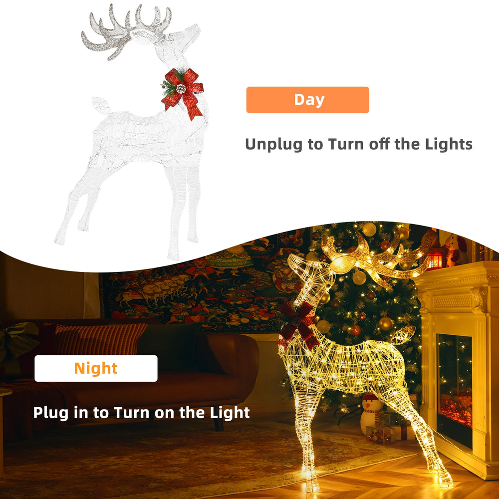 Lighted standing reindeer with 120 LED bulbs, showcasing festive decor for indoor and outdoor Christmas celebrations.