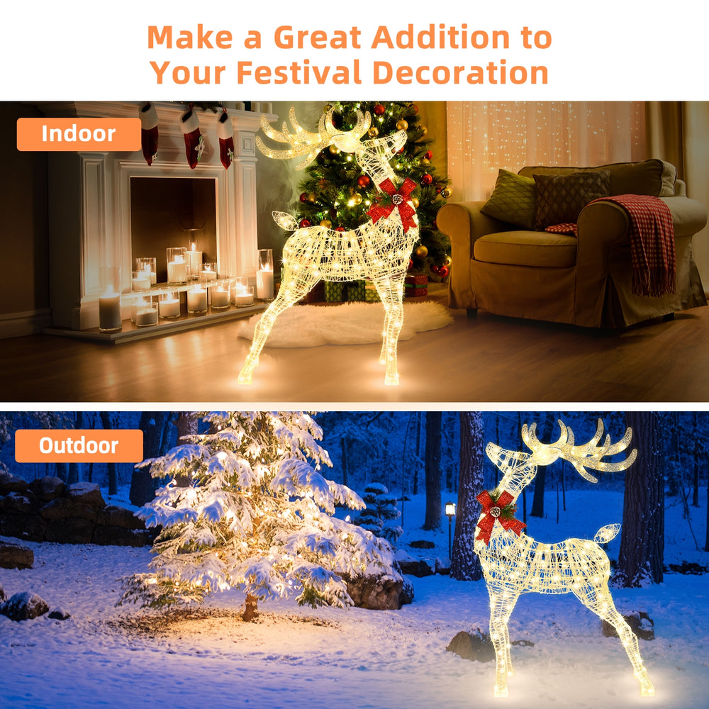 Lighted standing reindeer with 120 LED bulbs, perfect for indoor or outdoor Christmas decoration.