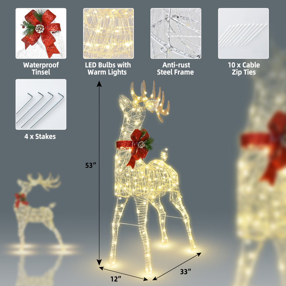 Lighted standing reindeer decoration with 120 LED bulbs, waterproof tinsel, and anti-rust steel frame for outdoor use.