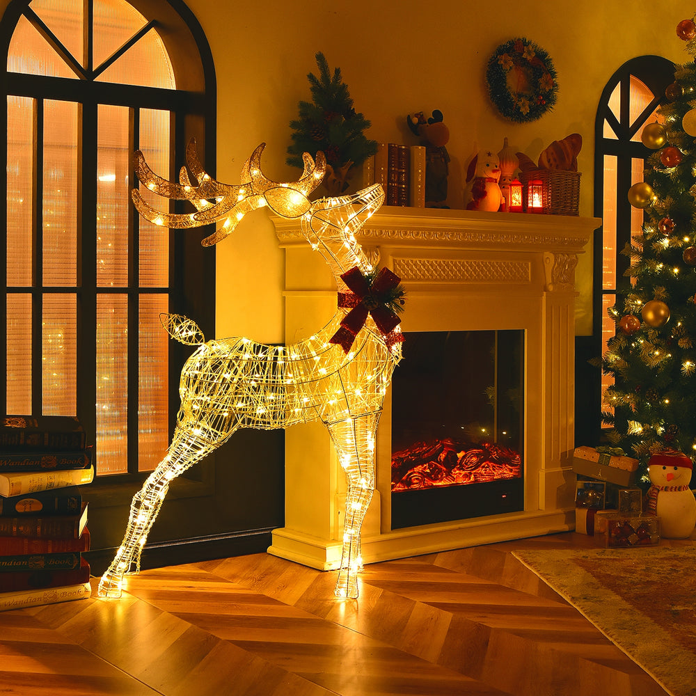 Lighted standing reindeer decoration with 120 LED bulbs, perfect for festive indoor or outdoor Christmas displays.