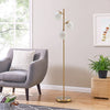 Three-globe floor lamp in gold with glass shades, featuring a foot switch, perfect for stylish home decor.
