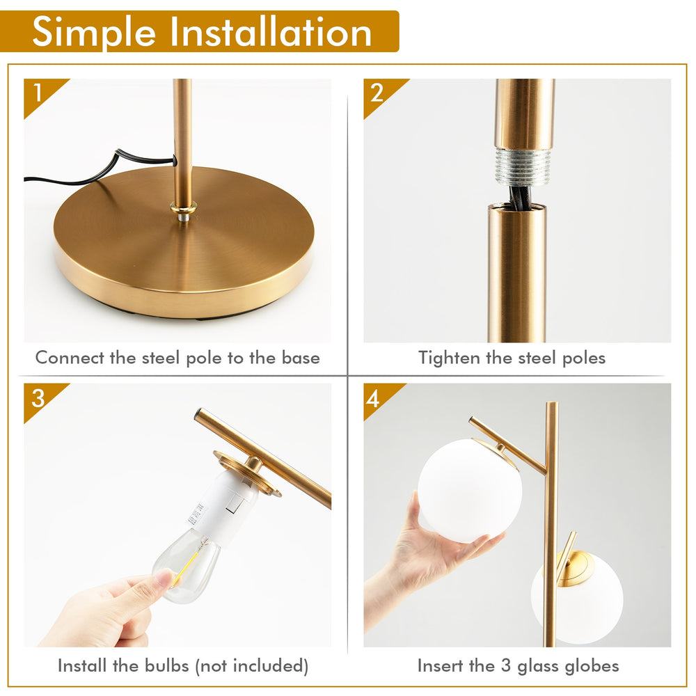 3-globe floor lamp assembly steps showing steel pole connection, weighted base, and glass globes for stylish decor.