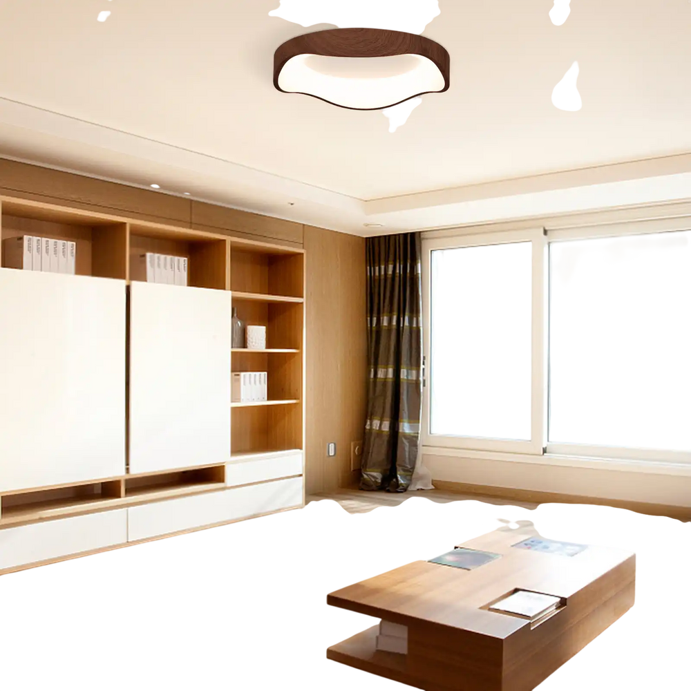 Modern 24W LED ceiling light with wood pattern and metal frame, ideal for stylish illumination in living rooms or.
