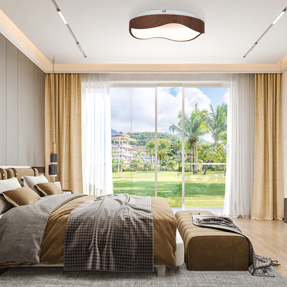 Modern 24W LED ceiling light with wood pattern and metal frame, ideal for stylish bedroom illumination.