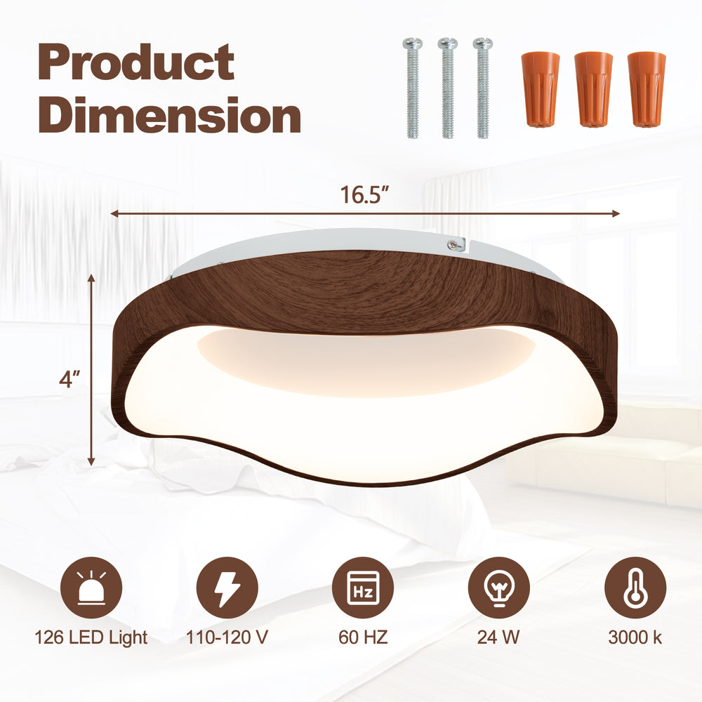 Modern 24W LED ceiling light with wood pattern and metal frame, ideal for stylish illumination in bedrooms or living.