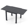 Expandable grey patio dining table for 4-6 people with slatted top and sturdy aluminum legs, ideal for indoor and.