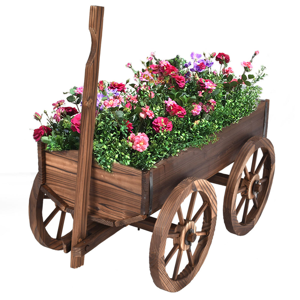 Wood Wagon Planter Pot Stand with Wheels, showcasing vibrant flowers and greenery, ideal for enhancing outdoor spaces.