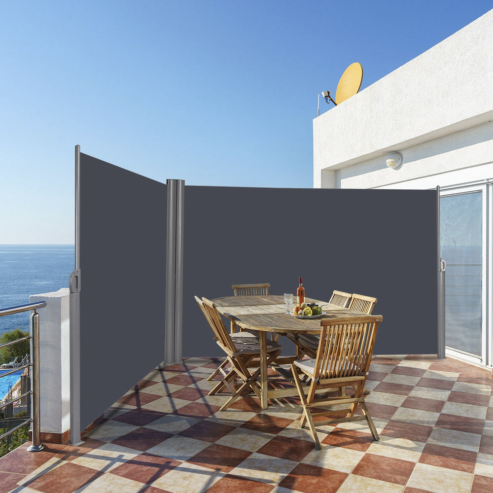 Patio retractable double folding side awning screen divider, 237 x 63 inches, ideal for privacy on balconies or gardens.
