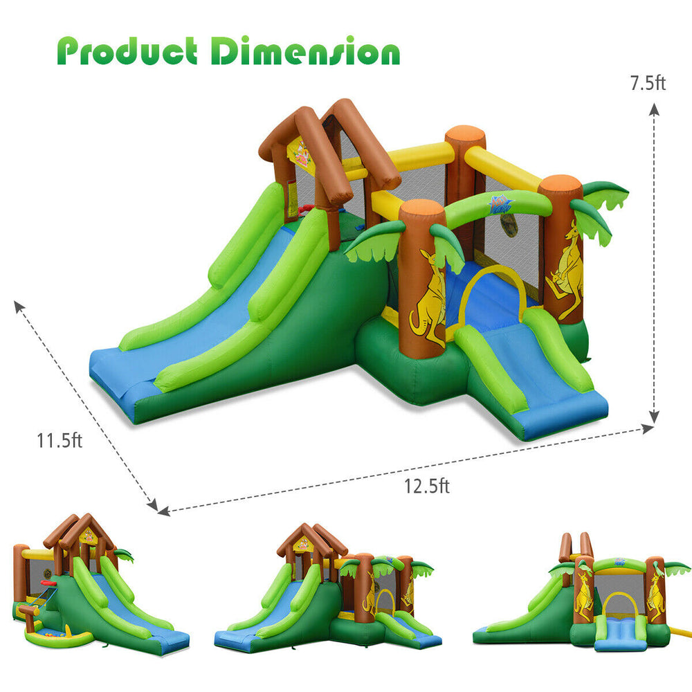 Kids inflatable jungle bounce house with slides, climbing wall, and safety nets for outdoor fun, dimensions 12.5ft x.
