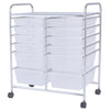 Side view of a 12-drawer rolling cart showcasing multicolor bins and a sturdy chrome metal frame for versatile storage.