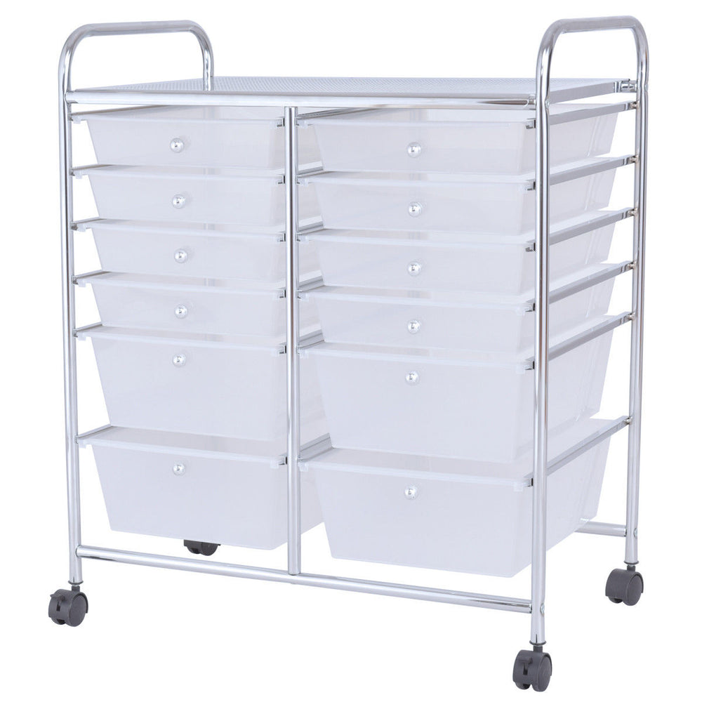 Side view of a 12-drawer rolling cart showcasing multicolor bins and a sturdy chrome metal frame for versatile storage.