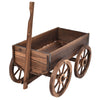 Back view of the Wood Wagon Planter Pot Stand with Wheels, highlighting its sturdy construction and rustic charm for.