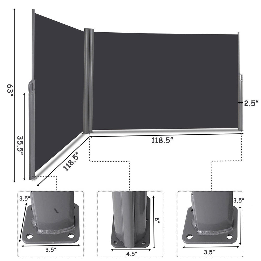 Patio retractable double folding side awning screen divider, 237 x 63 inches, aluminum frame, waterproof polyester.