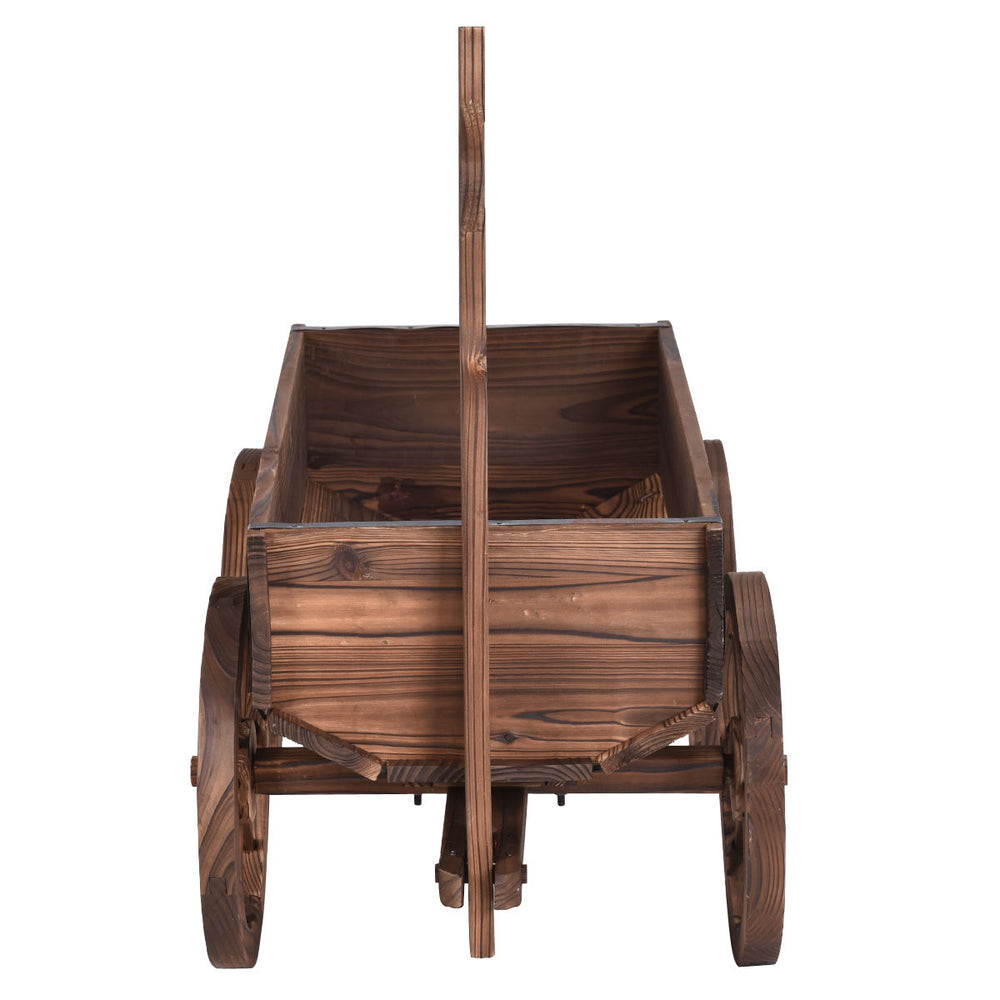 Front view of the Wood Wagon Planter Pot Stand with Wheels, showcasing its sturdy fir wood design and easy mobility for.