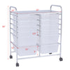 12-drawer rolling cart with chrome metal frame and semitransparent plastic bins, ideal for home or office storage.
