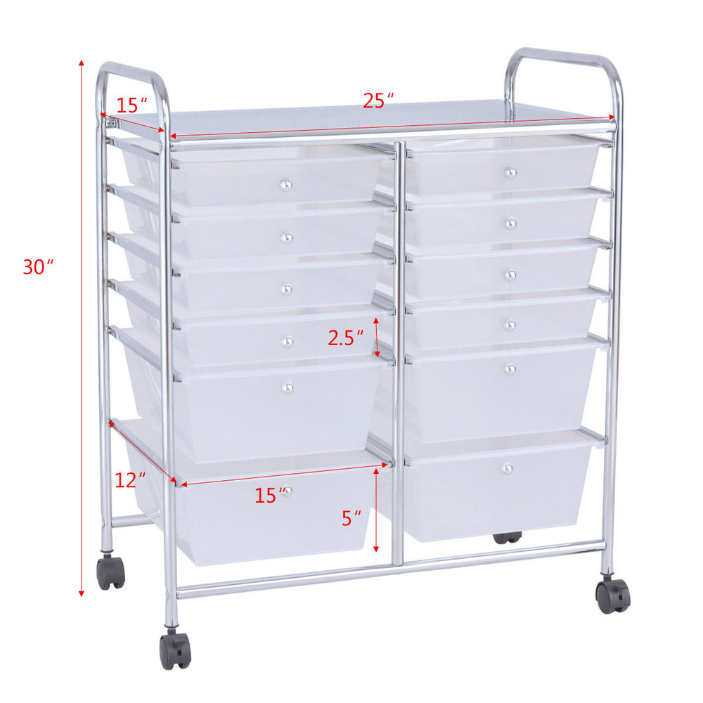 12-drawer rolling cart with chrome metal frame and semitransparent plastic bins, ideal for home or office storage.
