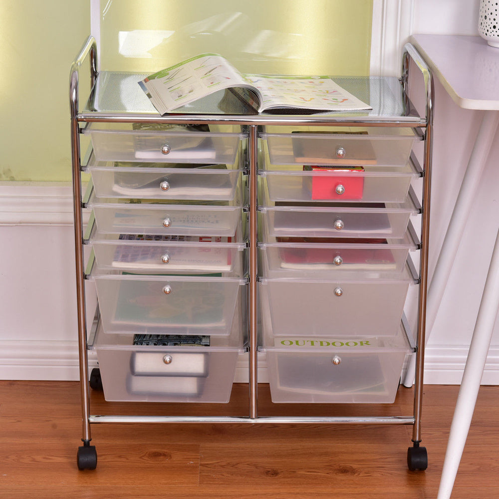 Front view of a 12-drawer rolling cart featuring multicolor bins and a sturdy chrome metal frame, perfect for versatile.