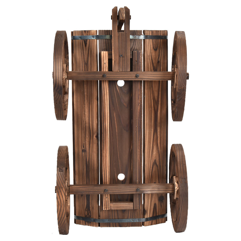 Top view of the Wood Wagon Planter Pot Stand with Wheels, featuring sturdy fir wood and a rustic design for outdoor use.
