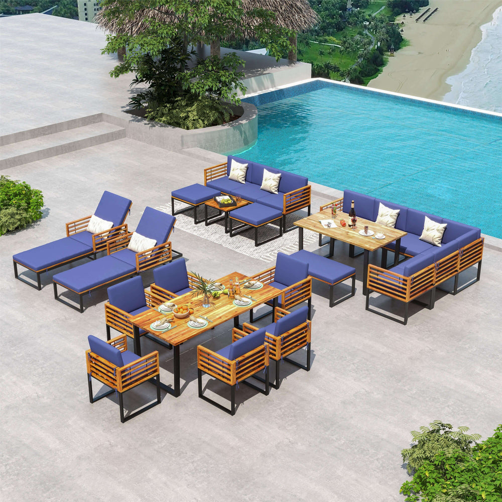 6-piece patio acacia wood conversation sofa set with navy cushions, ideal for backyard or poolside relaxation.
