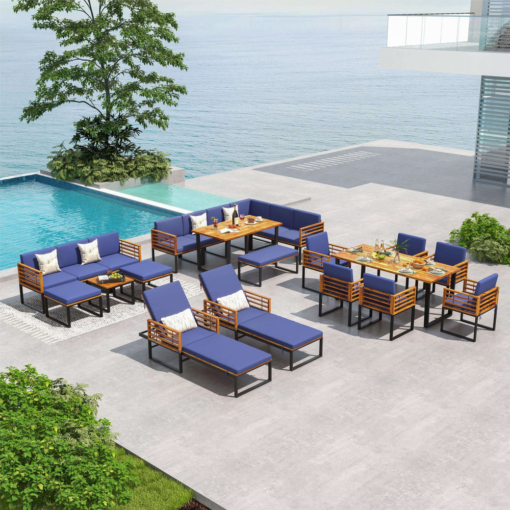 5-piece patio set featuring acacia wood chairs with navy cushions, ideal for backyard and poolside relaxation.