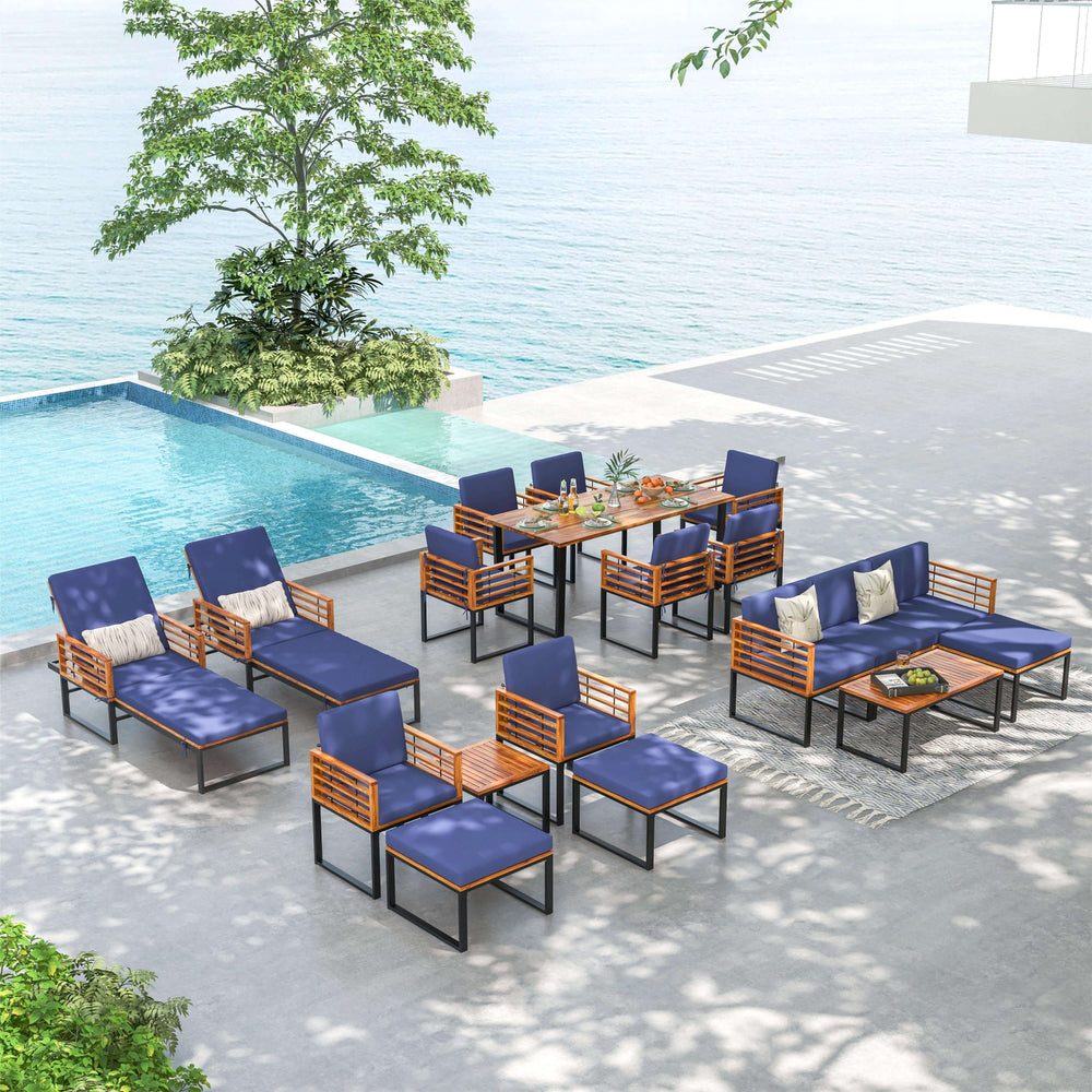 3-piece patio conversation set featuring acacia wood and navy cushions, ideal for outdoor relaxation by the pool.