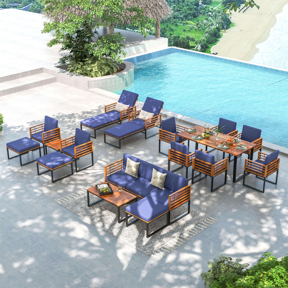 4-piece patio conversation set featuring acacia wood and navy cushions, perfect for poolside relaxation and outdoor.