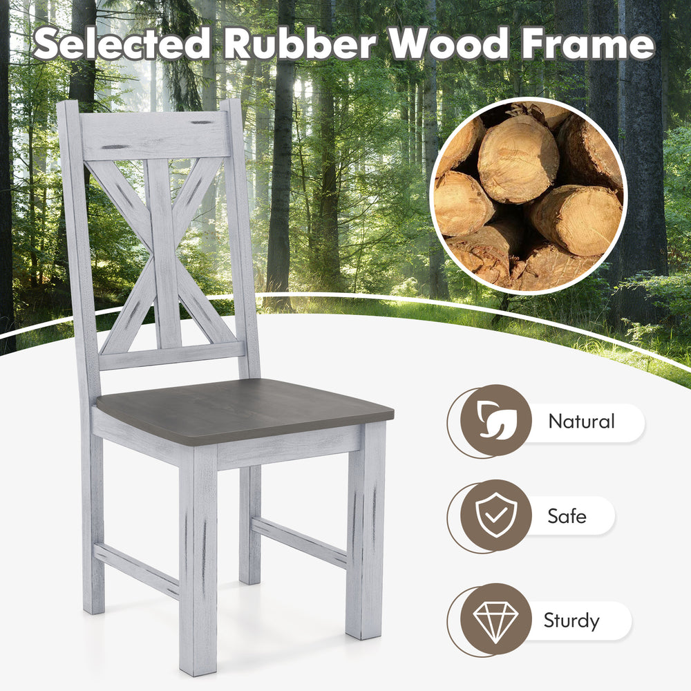 Gray farmhouse chair with rubber wood frame and hollowed backrest, designed for durability and stylish decor.